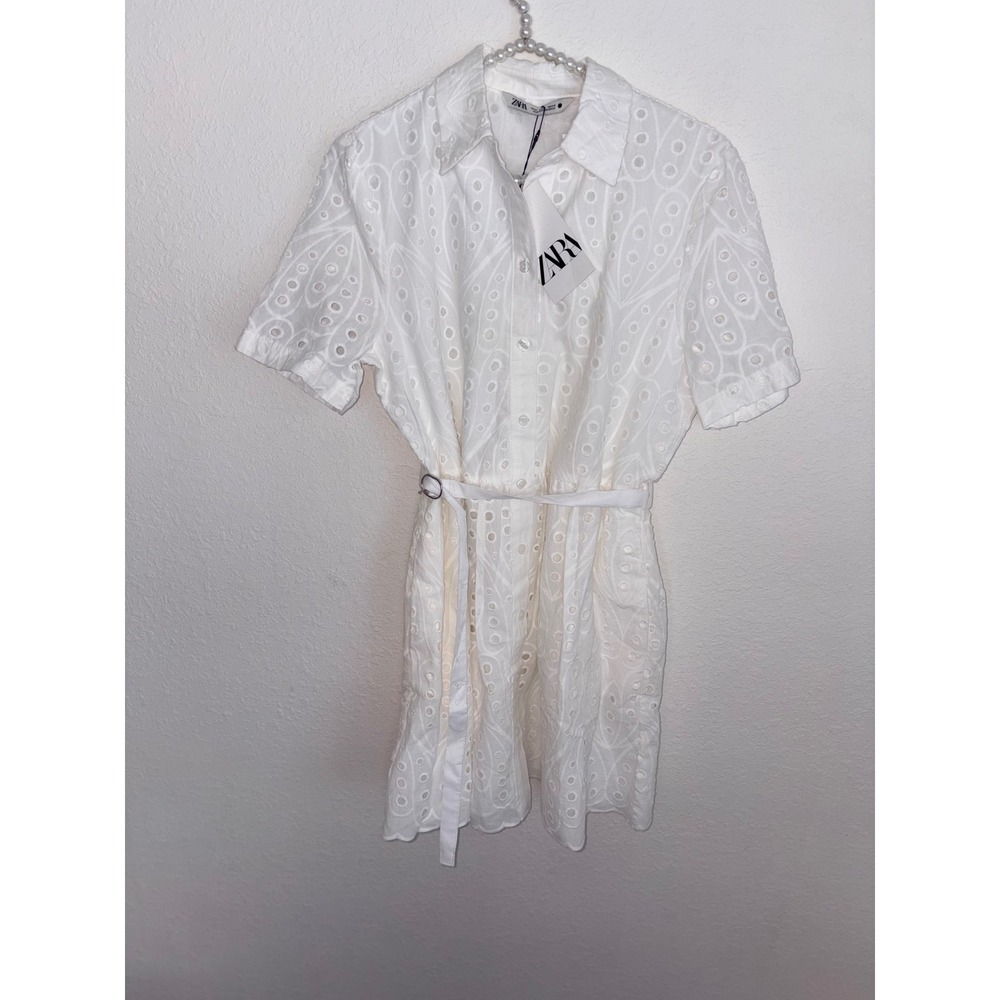 Zara Eyelet Shirt Dress medium White New Belted Scalloped Mini Embroidery - Picture 9 of 16